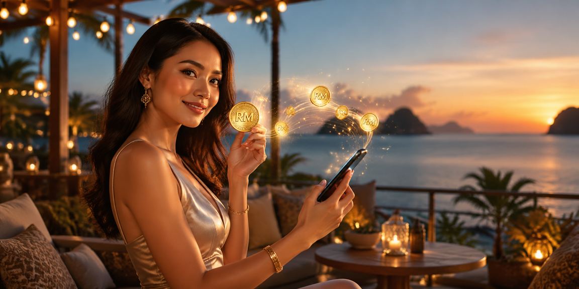 Proses deposit mudah melalui peranti mudah alih dengan latar belakang Langkawi yang indah